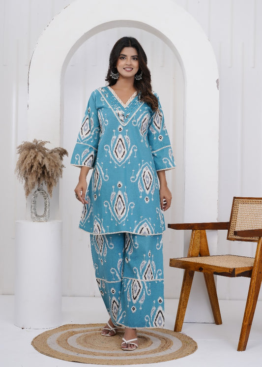Aabha Jaipuri Cotton Coord Set – Turquoise Blue