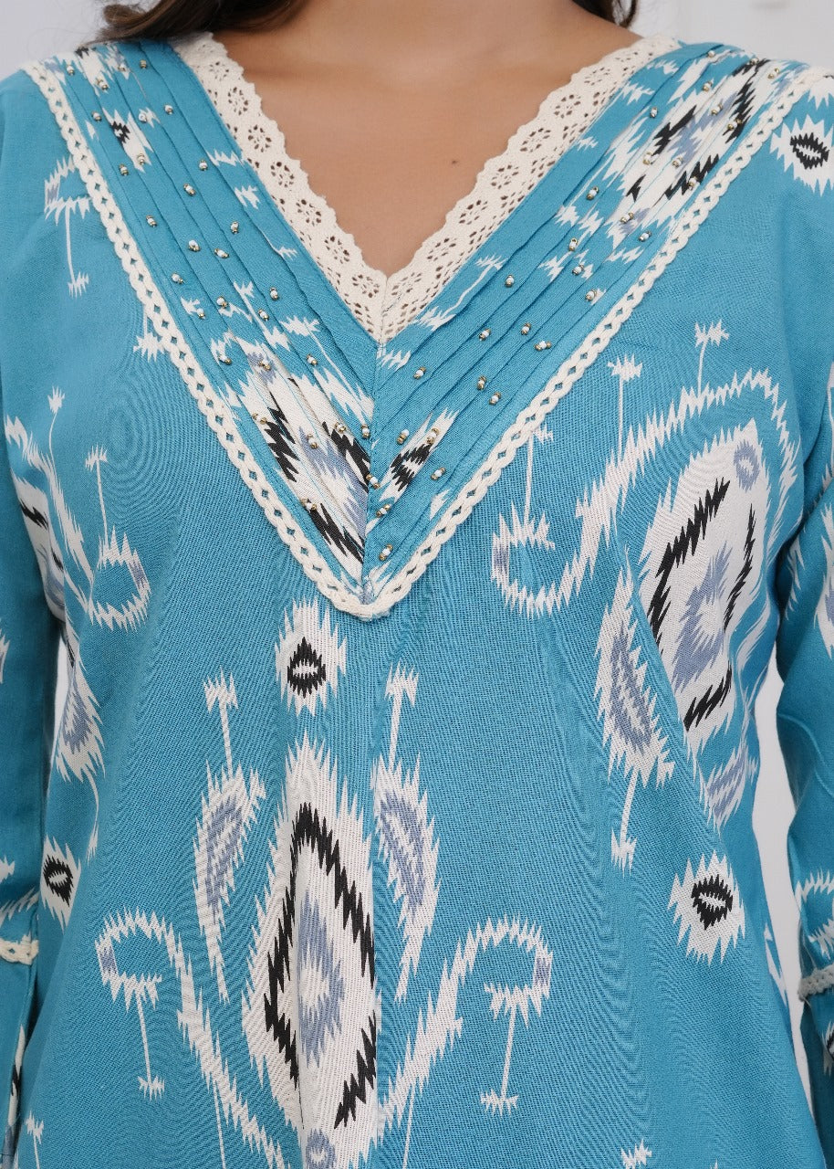 Aabha Jaipuri Cotton Coord Set – Turquoise Blue