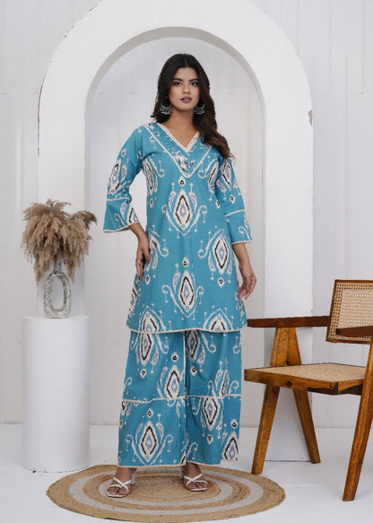 Aabha Jaipuri Cotton Coord Set – Turquoise Blue