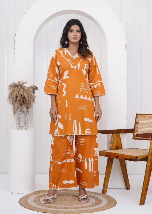 Tara Jaipuri Cotton Coord Set – Orange