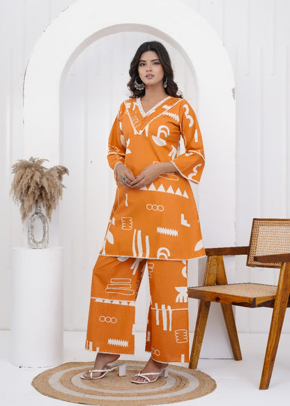 Tara Jaipuri Cotton Coord Set – Orange