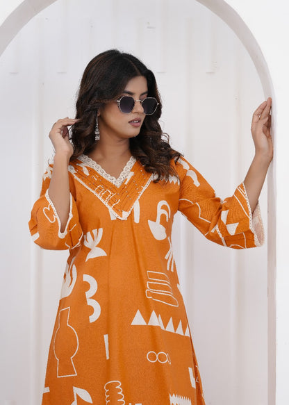 Tara Jaipuri Cotton Coord Set – Orange