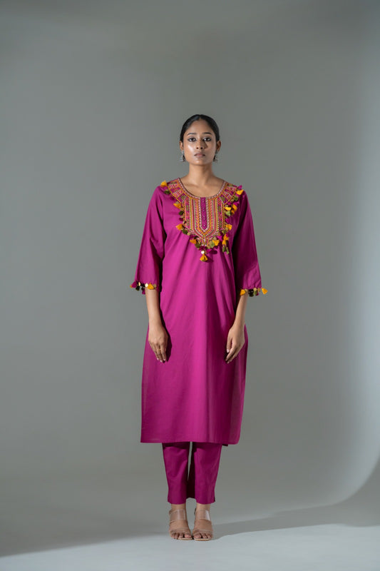 Mehira Pure Jaipuri Cotton Embroidered Kurti Pant Set