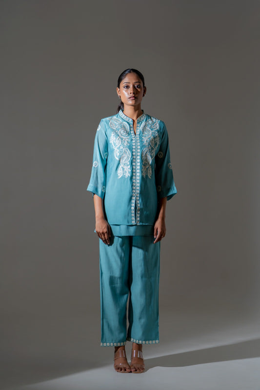 Aqua Grace Mul Chanderi Embroidered Co-ord Set