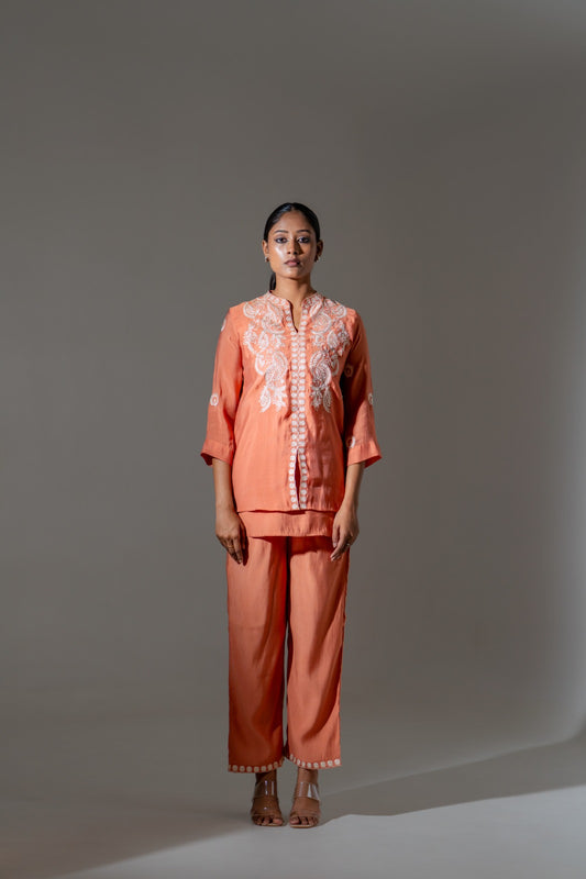 Coral Glow Mul Chanderi Embroidered Co-ord Set