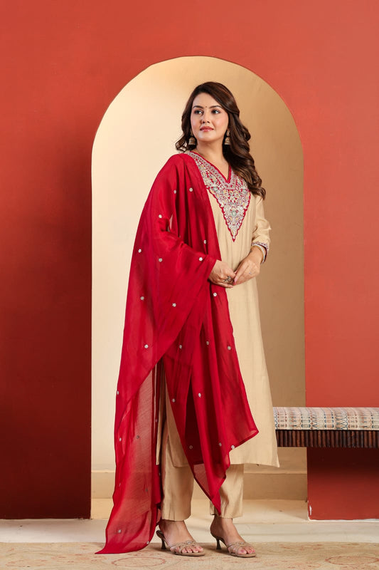 Ivory Rouge Embroidered Kurti Pant Dupatta Set
