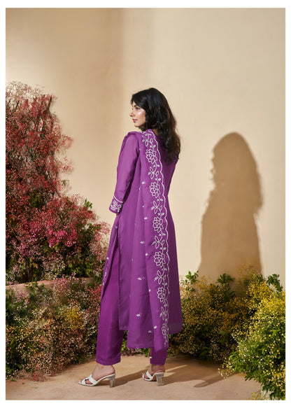 Amethyst Bloom Soft Organza Embroidered Kurti Pant Dupatta Set
