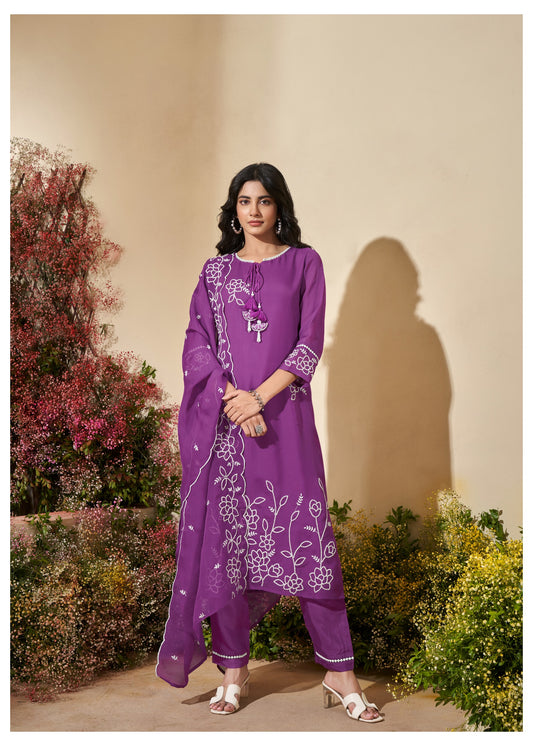 Amethyst Bloom Soft Organza Embroidered Kurti Pant Dupatta Set