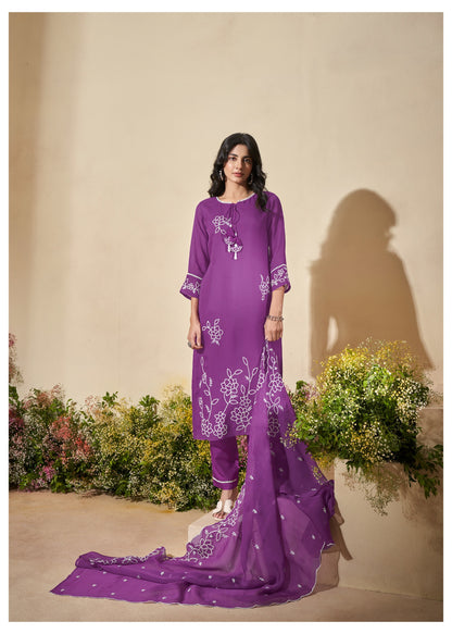 Amethyst Bloom Soft Organza Embroidered Kurti Pant Dupatta Set