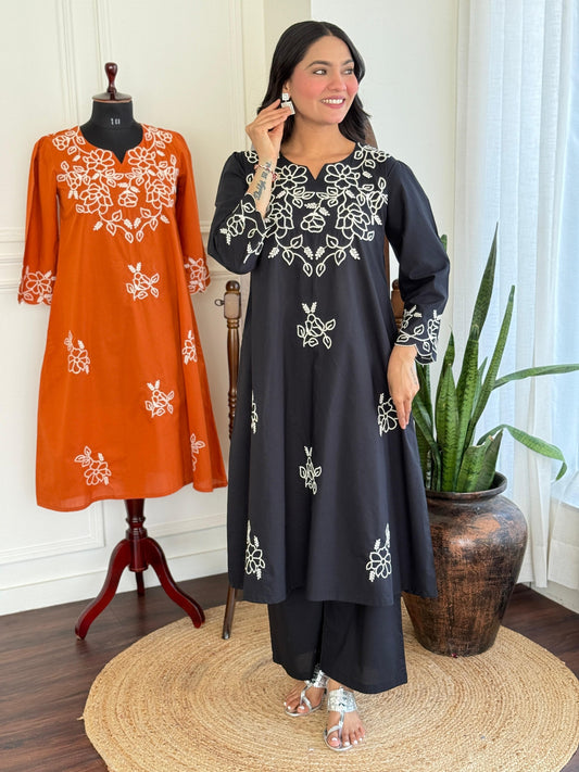 Noir Bloom Embroidered Jaipuri Cotton Kurti Pant Set