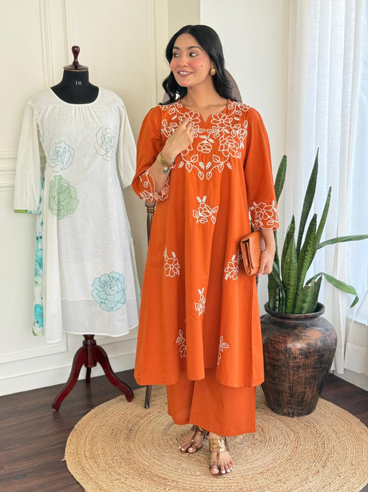 Amber Bloom Embroidered Jaipuri Cotton Kurti Pant Set