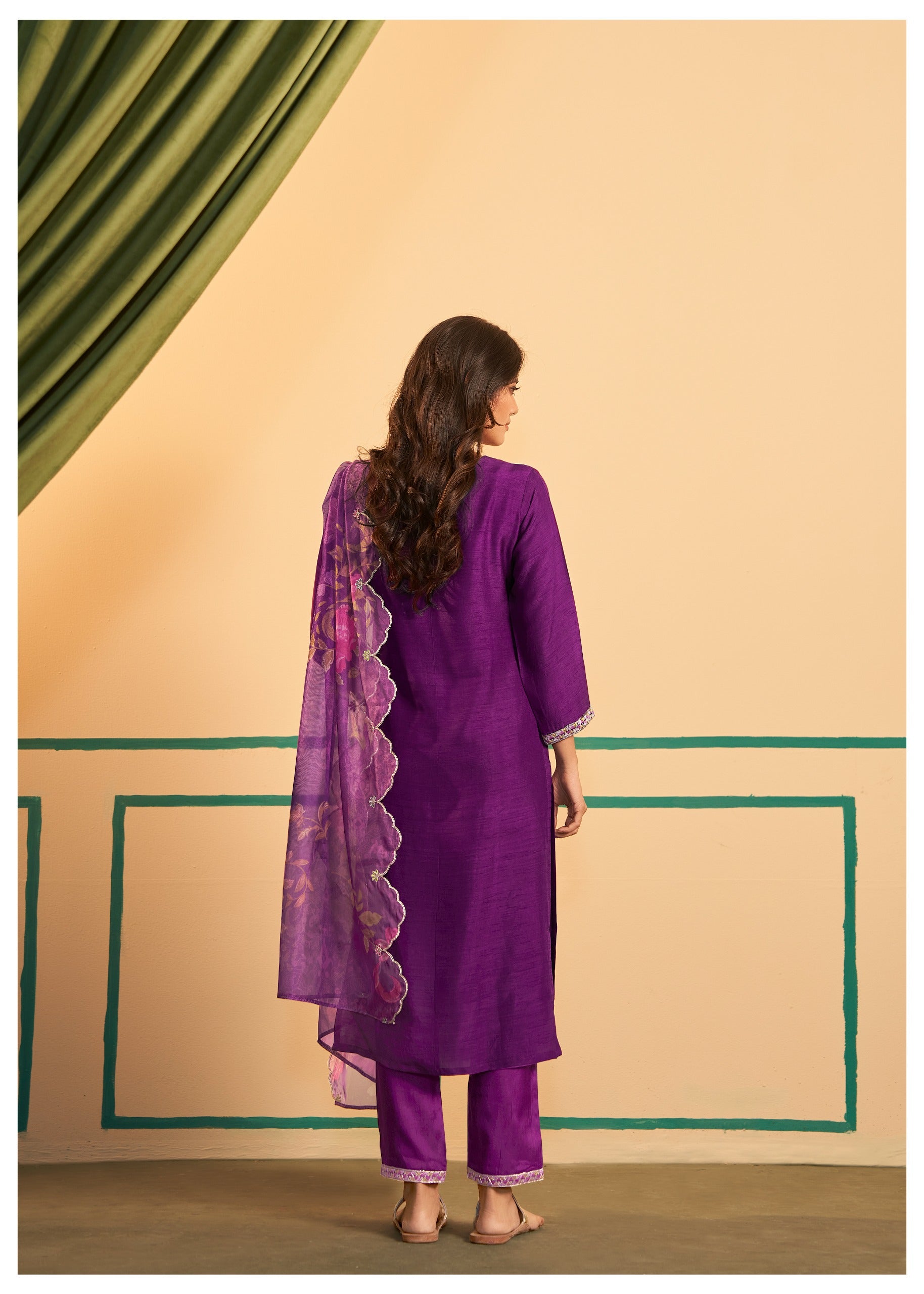 Royal Orchid Dola Silk Embroidered Kurti Pant Dupatta Set | Nimee