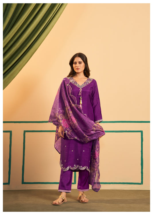 Royal Orchid Pure Dola Silk Embroidered Kurti Pant Dupatta Set