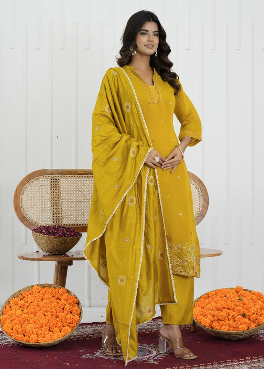 Mustard Bloom Mul Chanderi Embroidered Suit Set