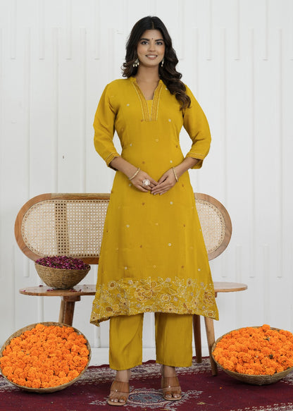 Mustard Bloom Mul Chanderi Embroidered Suit Set