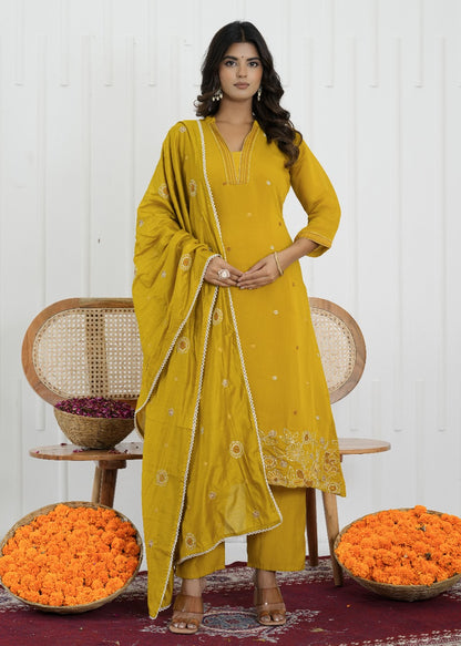 Mustard Bloom Mul Chanderi Embroidered Suit Set
