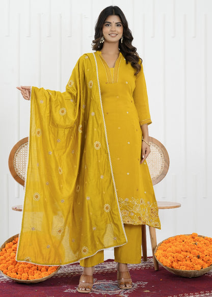 Mustard Bloom Mul Chanderi Embroidered Suit Set