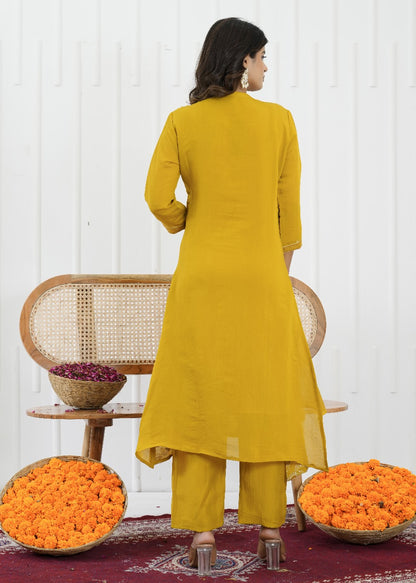 Mustard Bloom Mul Chanderi Embroidered Suit Set