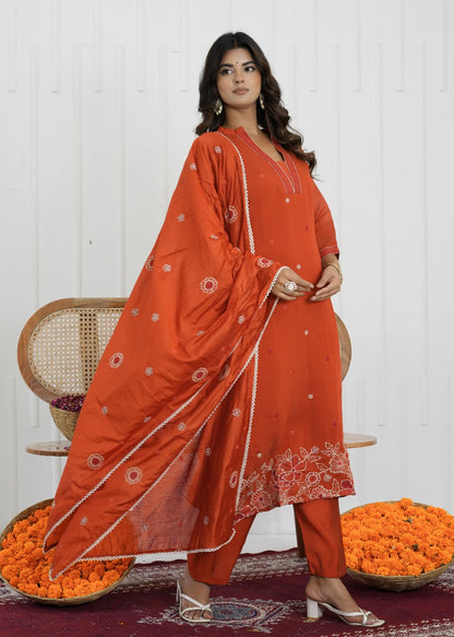 Rust Glow Mul Chanderi Embroidered Suit Set