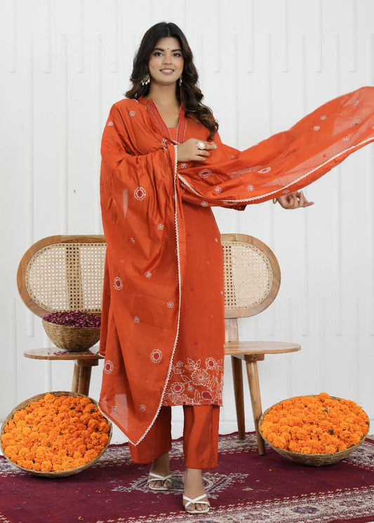 Rust Glow Mul Chanderi Embroidered Suit Set