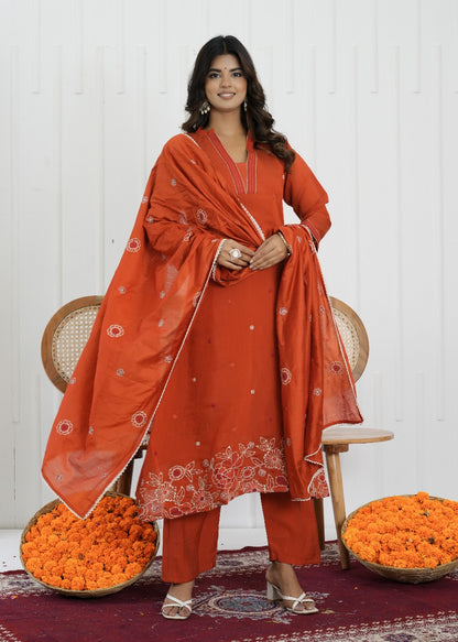 Rust Glow Mul Chanderi Embroidered Suit Set