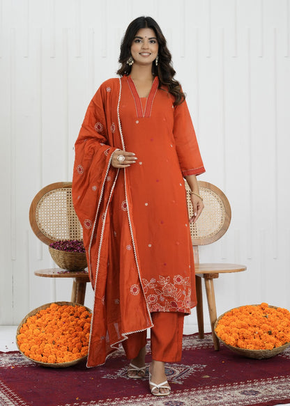 Rust Glow Mul Chanderi Embroidered Suit Set