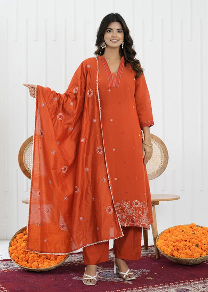 Rust Glow Mul Chanderi Embroidered Suit Set