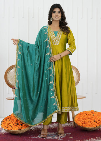 Emerald Glow Vichitra Silk Kalidaar Suit Set
