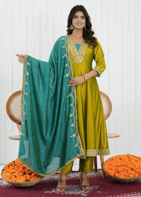 Emerald Glow Vichitra Silk Kalidaar Suit Set