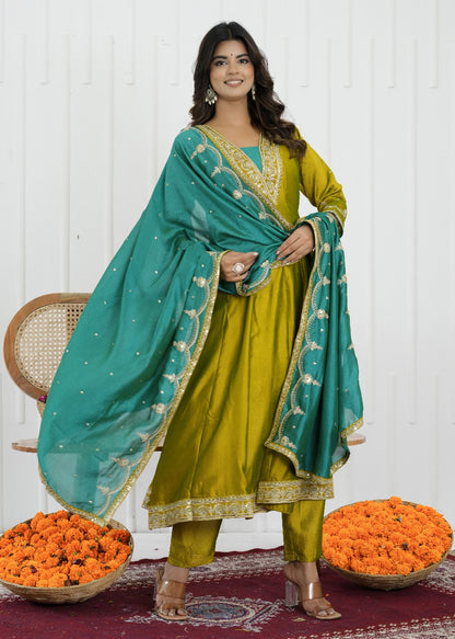 Emerald Glow Vichitra Silk Kalidaar Suit Set