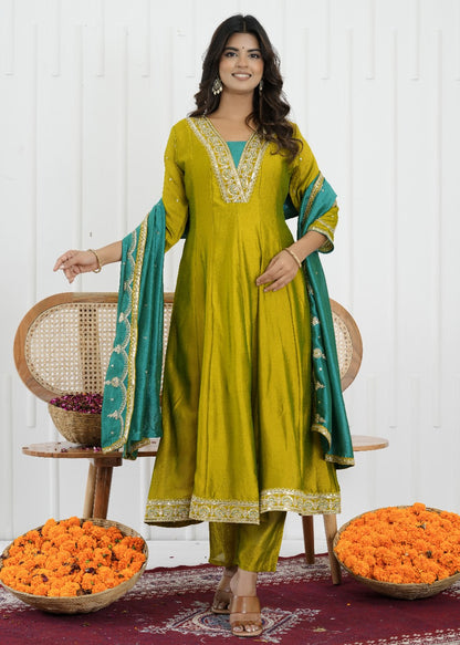 Emerald Glow Vichitra Silk Kalidaar Suit Set