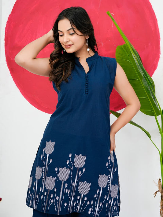 Navy Blue Pure Jaipuri Cotton Digital Print Co-ord Set