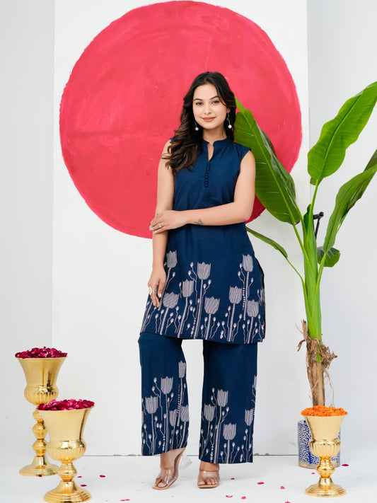 Navy Blue Pure Jaipuri Cotton Digital Print Co-ord Set
