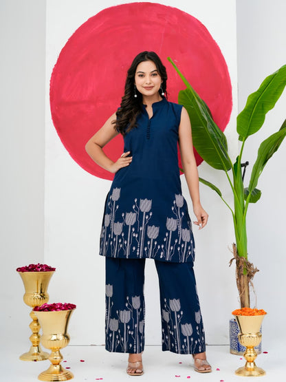 Navy Blue Pure Jaipuri Cotton Digital Print Co-ord Set
