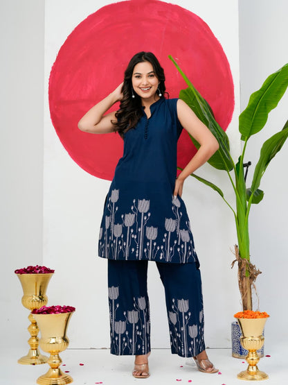 Navy Blue Pure Jaipuri Cotton Digital Print Co-ord Set