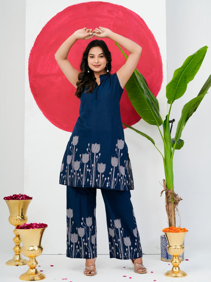 Navy Blue Pure Jaipuri Cotton Digital Print Co-ord Set