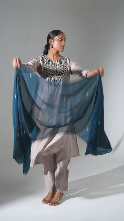 Amaira Azure Silk Suit with Appliqué Work & Mul Chanderi Dupatta