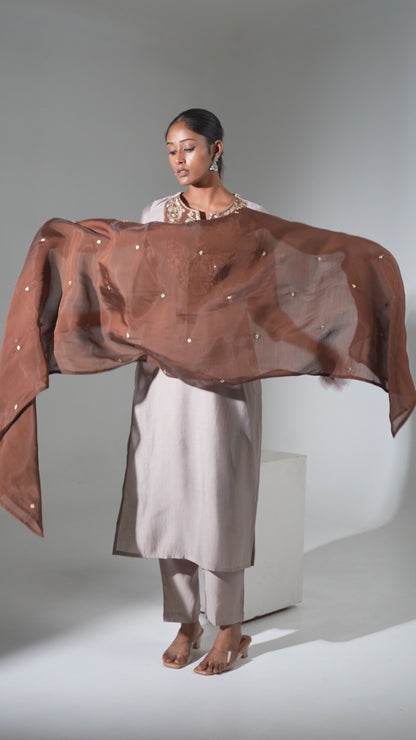 Amaira Cocoa Silk Suit with Appliqué Work & Mul Chanderi Dupatta