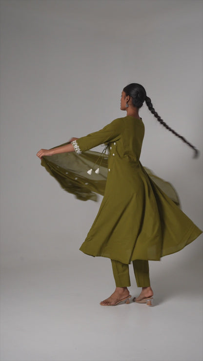 Zehra Olive Embroidered Pure Cotton Anarkali Set