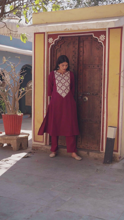 Chakri Chikan Embroidery Maroon Kurti Pant Set