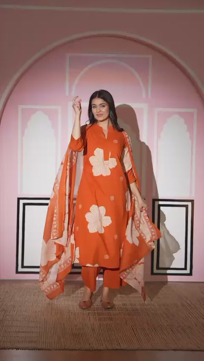 Gulnaar Rust Bloom Kurti Pant Dupatta Set Suit