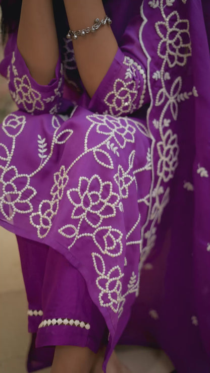 Amethyst Bloom Soft Organza Embroidered Kurti Pant Dupatta Set